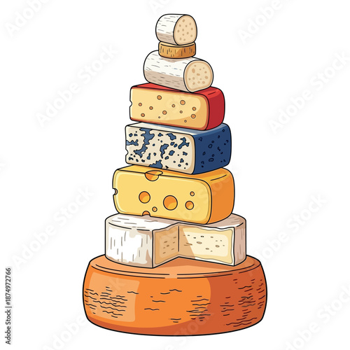 Flat illustration of a towering stack of diverse cheeses, including brie, swiss, and blue cheese, artfully arranged in a vertical composition.