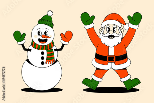 Joyful cartoon snowman and Santa Claus characters stand together waving their arms happily against a pale background.