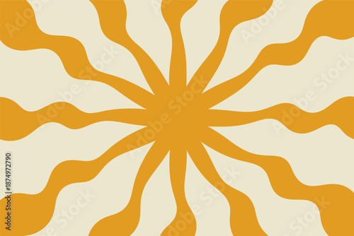 Stylized orange sunburst radiates outward with distorted, wavy rays against a pale cream background in a distinct.