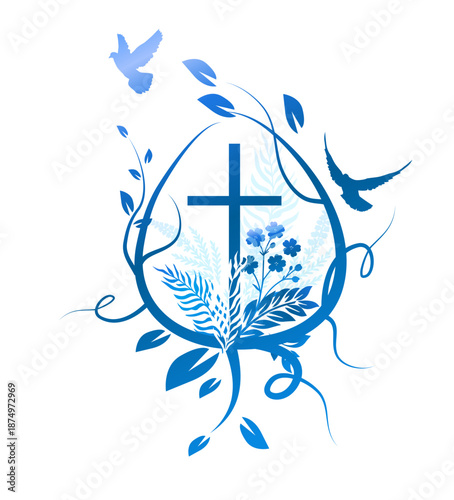 Religious cross with flowers and birds. Happy Easter. Hand drawn. Not AI, vector illustration