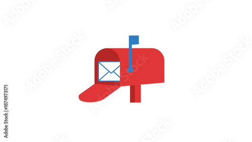 A red mailbox with a blue flag and envelope inside on a white background