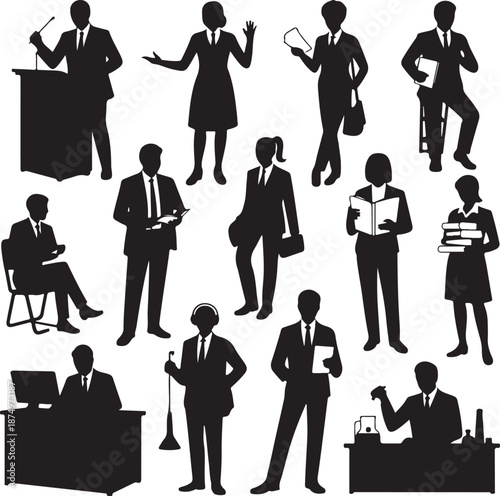 Silhouettes of business people in various professional poses and activities