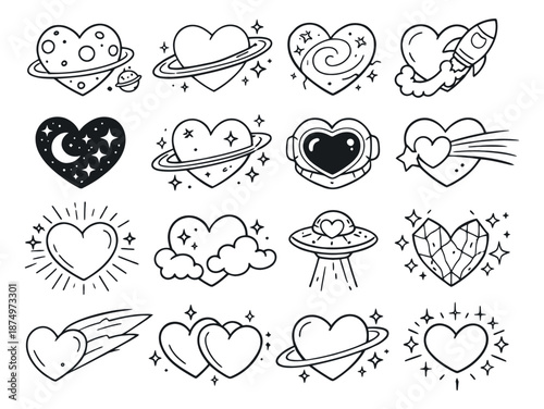 Hand drawn line art cosmic heart illustrations set featuring planets, rockets, and celestial motifs for love and space themes