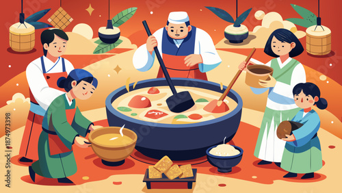A group of people are cooking food in a large pot. Scene is warm and inviting, as the people are gathered together to prepare a meal