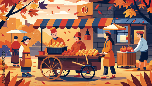 A group of people are gathered around a food cart in a park. The cart is selling a variety of food items, including bread and fruit. The atmosphere is lively and bustling, with people chatting