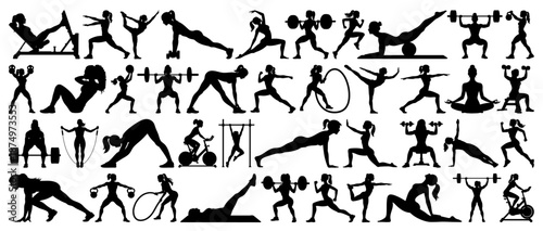 Women Fitness and Gym Workout Silhouettes Set with Yoga and Weightlifting on Transparent Background