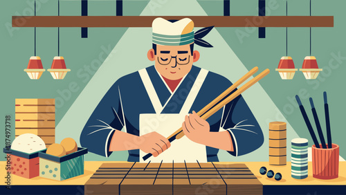 A man in a blue kimono is making sushi. He is using chopsticks to cut the sushi