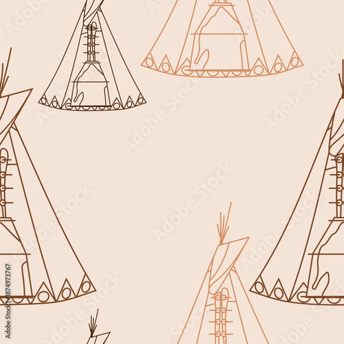 Editable Vector of Outline Front View Native American Tents Illustration in Various Colors as Seamless Pattern for Creating Background of Traditional Culture and History Related Design