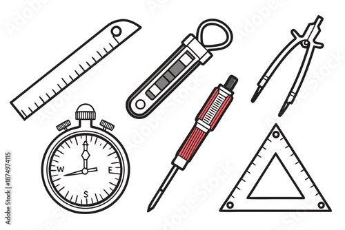 Essential tools for precision and measurement isolated on white background, Vector