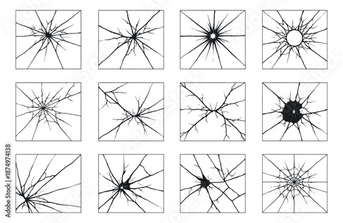 Line art broken glass crack patterns set featuring radial and shattered impact designs for graphic design elements