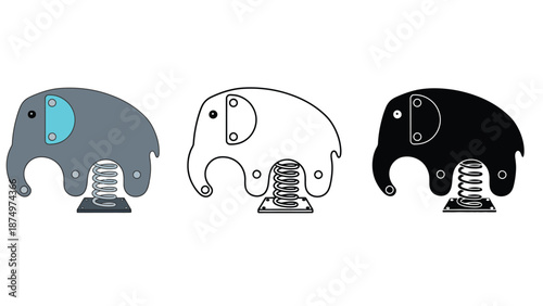Playful elephant spring riders in grey, black, and outline designs