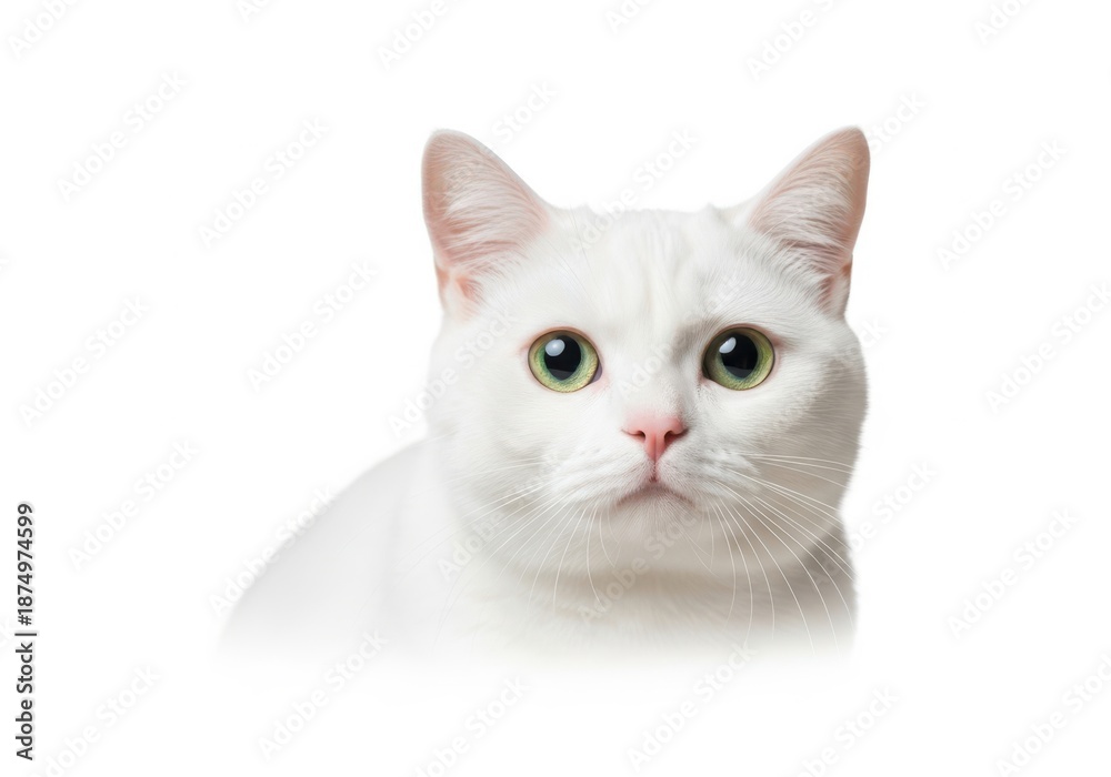 Fototapeta premium Close up portrait of a beautiful white cat with big blue eyes white background