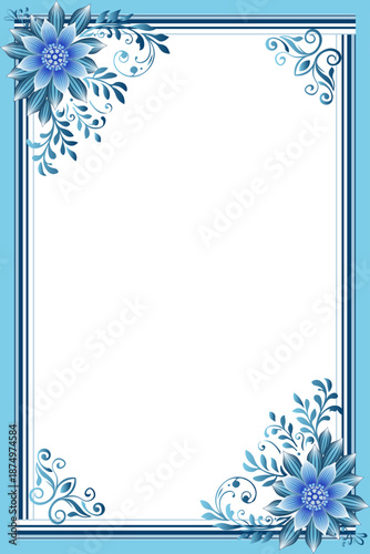 Elegant Blue Floral Corner Frame for page border and Invitations, card design, ceramic, mosaic, tiles border, Floor decoration, tiles vector art, border cover Swirls and Scrolls.