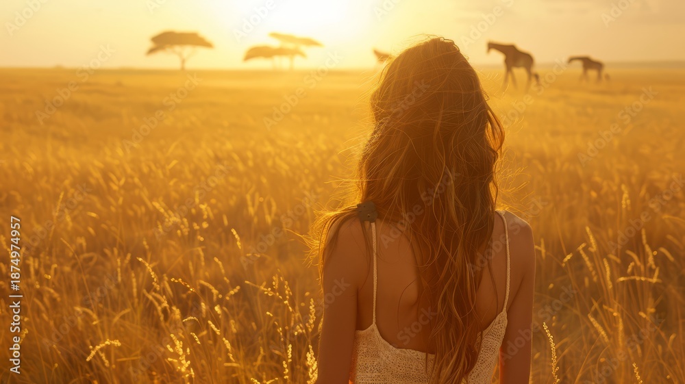 Fototapeta premium Woman Admiring Wild Giraffes in a Sun-Drenched African Grassland at Dusk