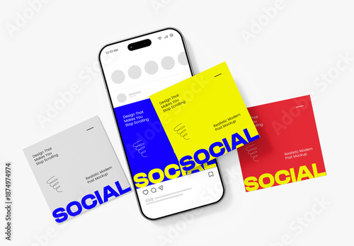 Smartphone with Social Media Square Post Mockup