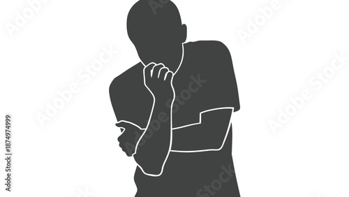 Silhouette of a man thinking, hand on chin, isolated on white