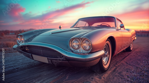 A classic car stands on a road as the sun sets, creating a colorful sky. The scene shows an open landscape with warm hues and clear details. The vintage design catches the eye.