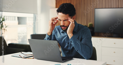 Konstfotografi Laptop, headache or man in agency for finance, brain fog or audit mistake on budget report