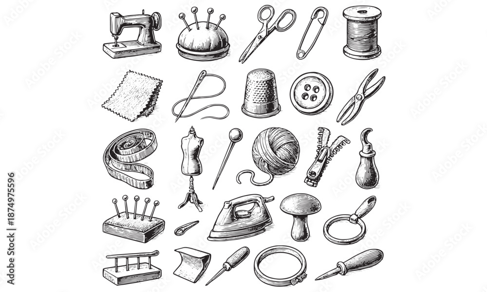 Obraz premium Sewing Craft Icons Set Machine Needle Thread Scissors Tailor Vector Illustration