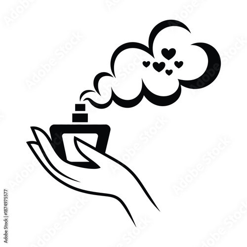A delicate hand offers a perfume bottle releasing a fragrant cloud of hearts symbolizing love