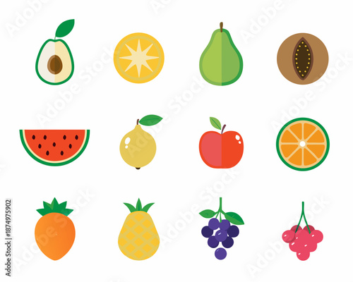 a colorful illustration of various fruits on a white background