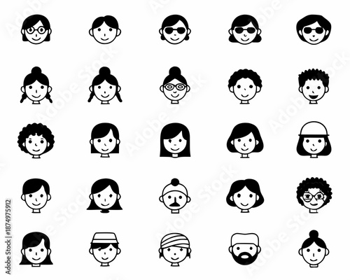a collection of 20 different cartoon faces with various hairstyles and expressions