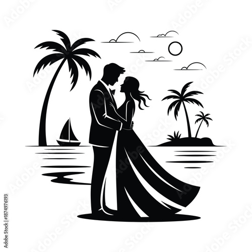 A romantic silhouette of a couple embracing near palm trees during a tropical sunset scene