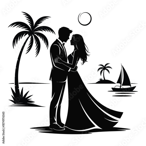 A romantic silhouette of a couple embracing near a palm tree at the beach