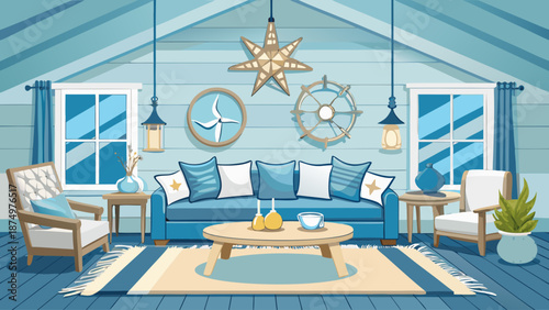 A blue room with a star shaped light hanging from the ceiling. The room has a couch, a coffee table, and a potted plant