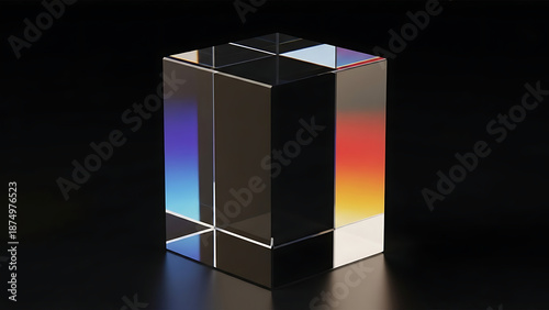 Abstract 3D crystal glass cube with internal light refraction and colorful prism spectrum on black background