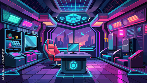 A futuristic office with neon lights and a computer monitor. The room is filled with various electronic devices and a chair