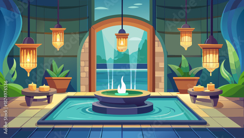 A room with a fountain and a window. The room is decorated with many lights and plants. The mood of the room is calm and relaxing