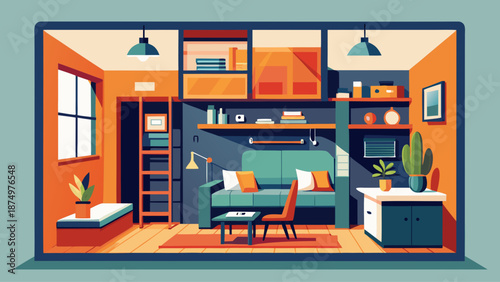 A small room with a couch, a chair, a potted plant, and a clock. The room is bright and cheerful, with a light blue couch and a green chair. The potted plant adds a touch of nature to the space