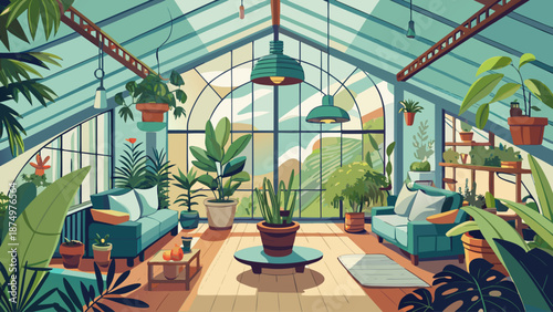 A large room with a lot of plants and a couch. The room is very bright and airy
