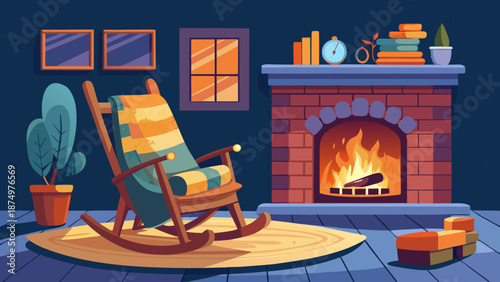 A cozy living room with a fireplace and a rocking chair. The chair is covered in a striped blanket and is placed next to the fireplace. A clock is mounted on the wall above the fireplace