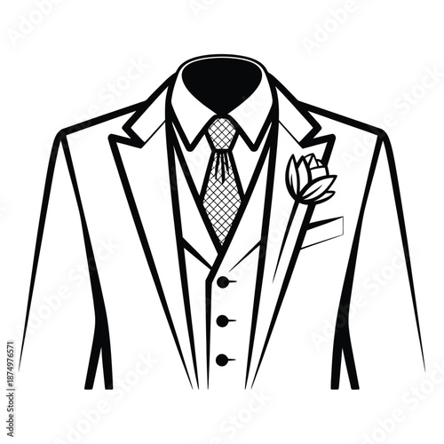 A striking black and white illustration depicts a formal suit with a tie and boutonniere