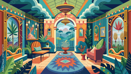 The room is a vibrant and colorful space filled with various plants and furniture. The walls are adorned with a multitude of colorful decorations, creating a lively and inviting atmosphere