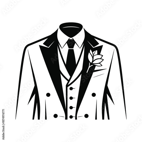 A stylish black suit with a tie and a single white flower elegantly displayed on a hanger