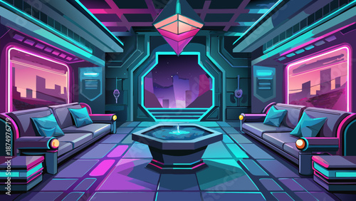 A futuristic room with neon lights and a large cube shaped fountain. The room is filled with couches and chairs, and there are two windows that look out onto the city. Scene is futuristic and modern