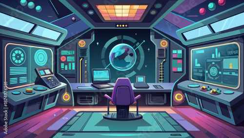 A futuristic space station with a computer monitor and a chair. The room is filled with technology and has a futuristic feel