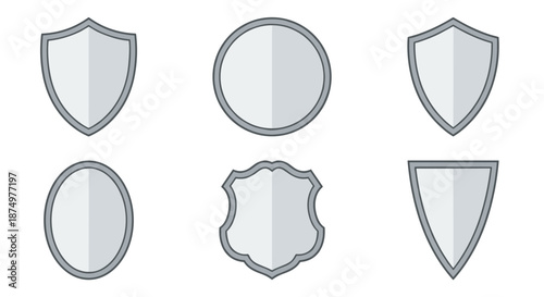 Collection of flat design shield icons in various shapes and styles, perfect for security, protection, achievement, or badge graphic elements and versatile design projects