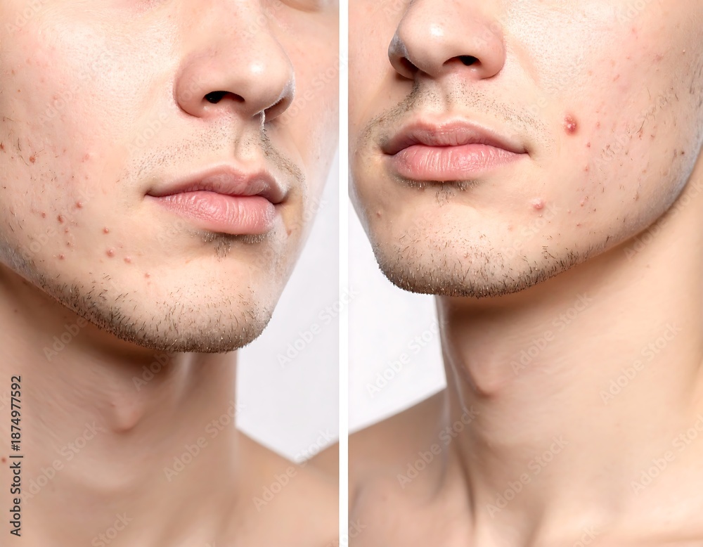 Obraz premium Split-screen showing two views of a man's face and neck, one with blemishes, the other improved