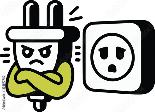 Grumpy Electric Plug and Surprised Wall Socket Vector Illustration