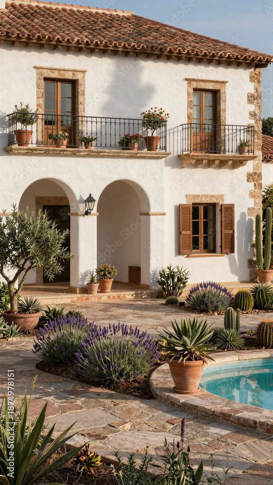 Fototapeta premium A beautiful Mediterranean villa features classic white stucco walls, elegant arched entryways, and lush terracotta potted plants for a luxurious vacation vibe.