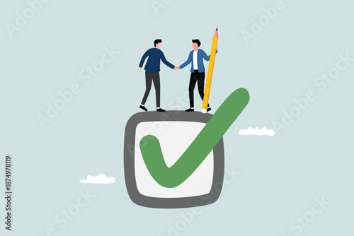 Commitment, promise or agreement to complete the work, trust in work responsibility, concept of involvement, employer's handshake when ticking the completed checkbox.