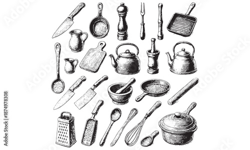 Vintage Kitchen Utensils Icons Set Pots Ladle Whisk Grater Mortar Vector Illustration