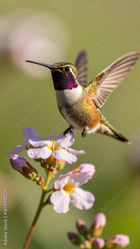 Fototapeta premium A vibrant male Calliope hummingbird with a unique magenta throat gorget perches delicately on a cluster of white jasmine flowers against a soft bokeh background.