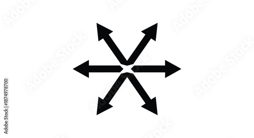 A striking black starburst shape with arrows pointing outwards a bold graphic silhouette