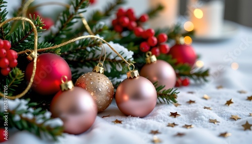 Festive Winter Tabletop Decor with Holiday Ornaments and Lights