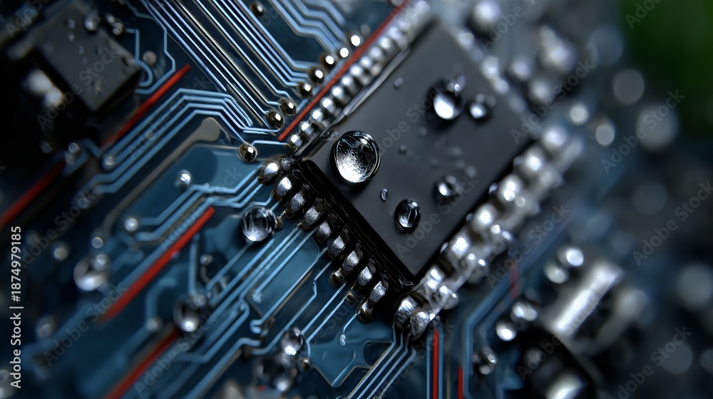 Fototapeta premium Microscopic water droplets clinging to electronic circuit board, revealing intricate technological surface with glistening liquid texture